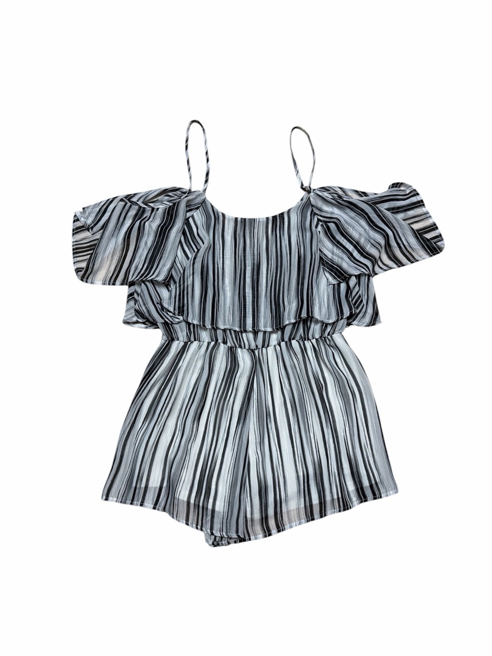 Solemio Cold Shoulder Romper Women’s L Black White Stripes Flowy Jumper Shorts
